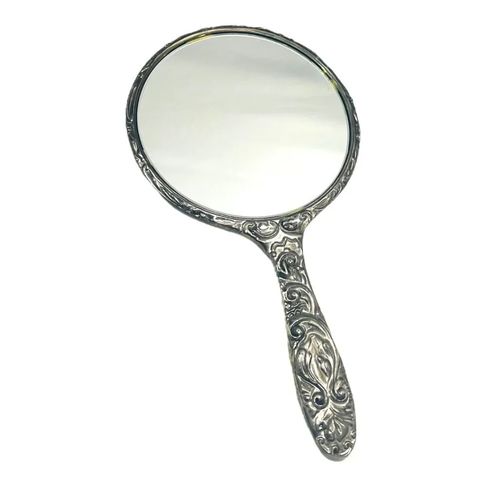 Antique Silver Plated Vanity Mirror, Embossed Handheld Mirror